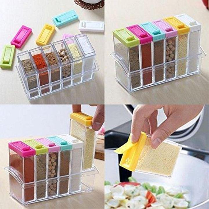 Clear Acrylic Spice Rack Organizer with 6 Jars & Handle – Kitchen Seasoning Storage Box, Countertop Condiment Container Set with Spoons