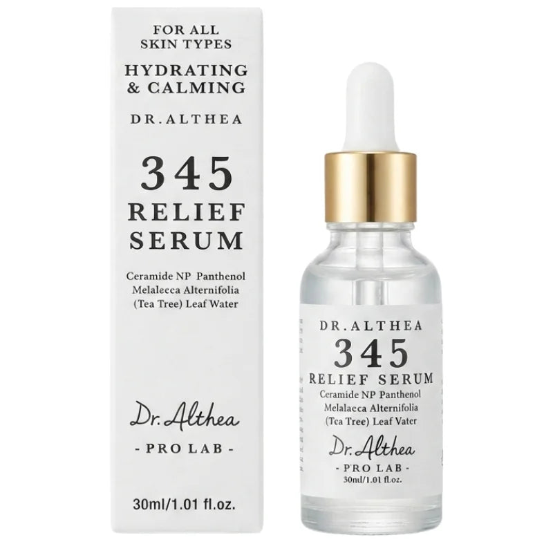 Dr. Althea 345 Relief Serum hydrates & calms skin with ceramide, panthenol & tea tree leaf water. Gentle formula for all skin types, 30ml