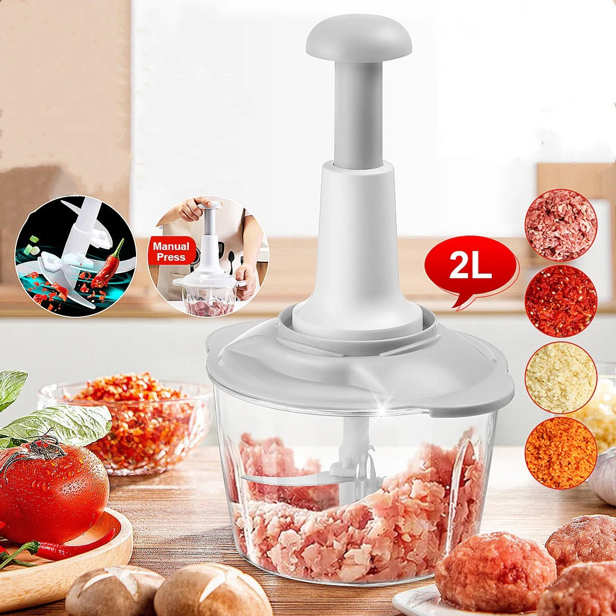 Chop vegetables, meat & herbs fast with this manual hand food chopper. Large bowl, sharp curved blades, no electricity needed—easy to use & clean