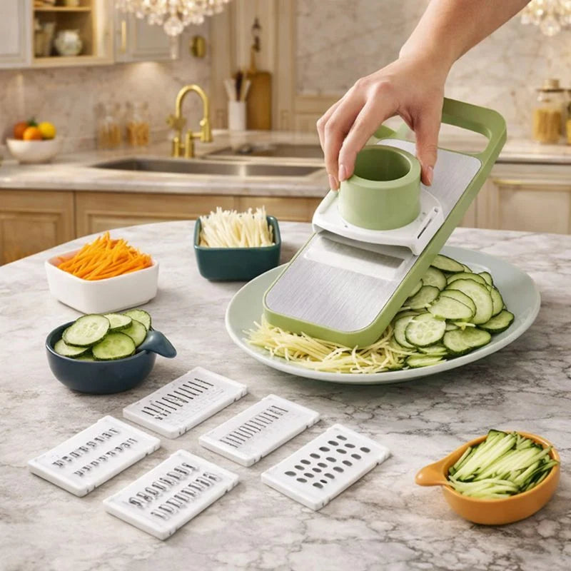Multifunctional Mandoline Vegetable Slicer – 5-in-1 Stainless Steel Grater with Interchangeable Blades for Slicing, Julienne & Shredding