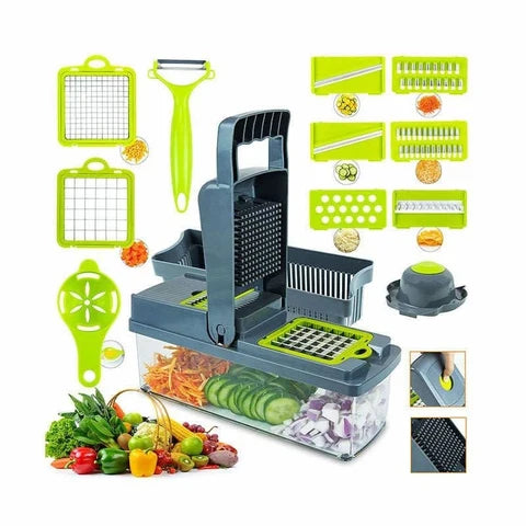 Multifunctional Vegetable Chopper 14-in-1 – Manual Food Slicer, Dicer & Cutter with Container, Interchangeable Blades, Peeler & Egg Separator