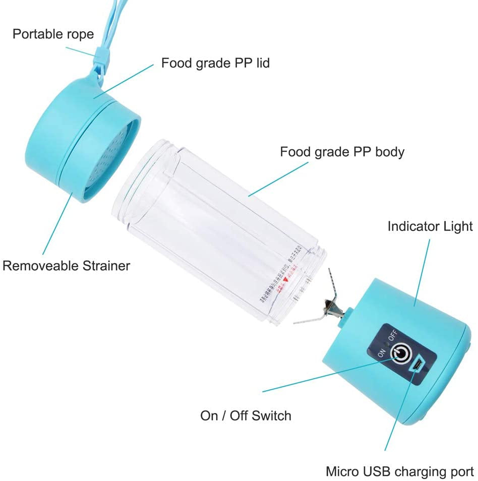 Portable Blender Bottle – USB Rechargeable Mini Juicer with 6 Blades for Smoothies & Fruit Juice | Personal Travel Blender