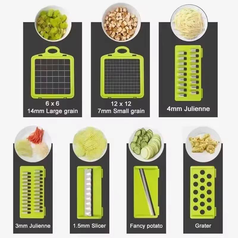 Chop, dice, slice & julienne vegetables fast with this 14-in-1 multi-blade chopper. Includes container, peeler & egg separator. Easy to clean