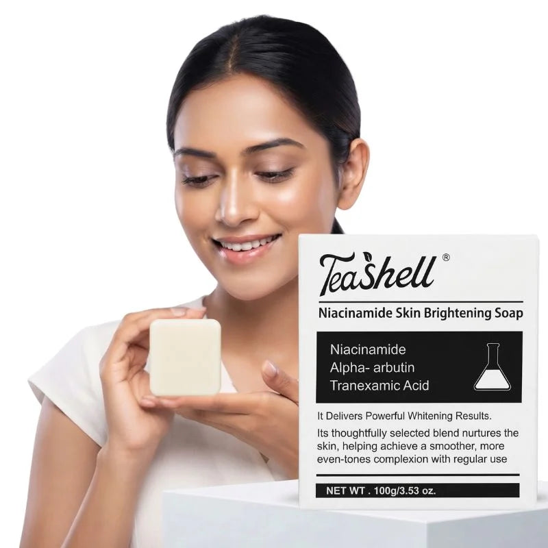 TeaShell Niacinamide Skin Brightening Soap with Alpha-Arbutin & Tranexamic Acid delivers powerful whitening for smoother, even-toned skin. 100g.