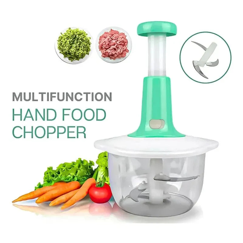 Chop vegetables, meat & herbs fast with this manual hand food chopper. Large bowl, sharp curved blades, no electricity needed—easy to use & clean