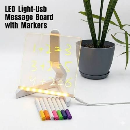 6x6 Inches LED Acrylic Writing Board with USB Light | 7 Colorful Erasable Pens | Message Board with Markers & Stand