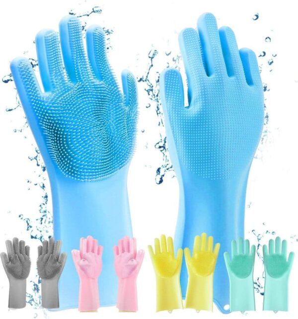 Wash dishes faster with these silicone scrubber gloves. Built-in bristles, waterproof & heat resistant—great for kitchen, bathroom & pet grooming.