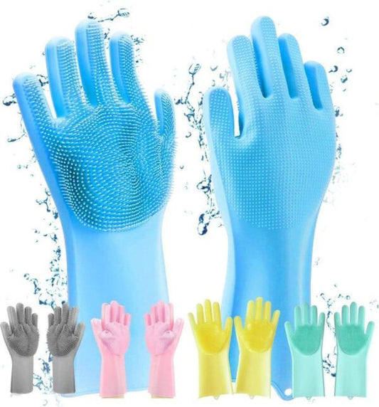 Wash dishes faster with these silicone scrubber gloves. Built-in bristles, waterproof & heat resistant—great for kitchen, bathroom & pet grooming.
