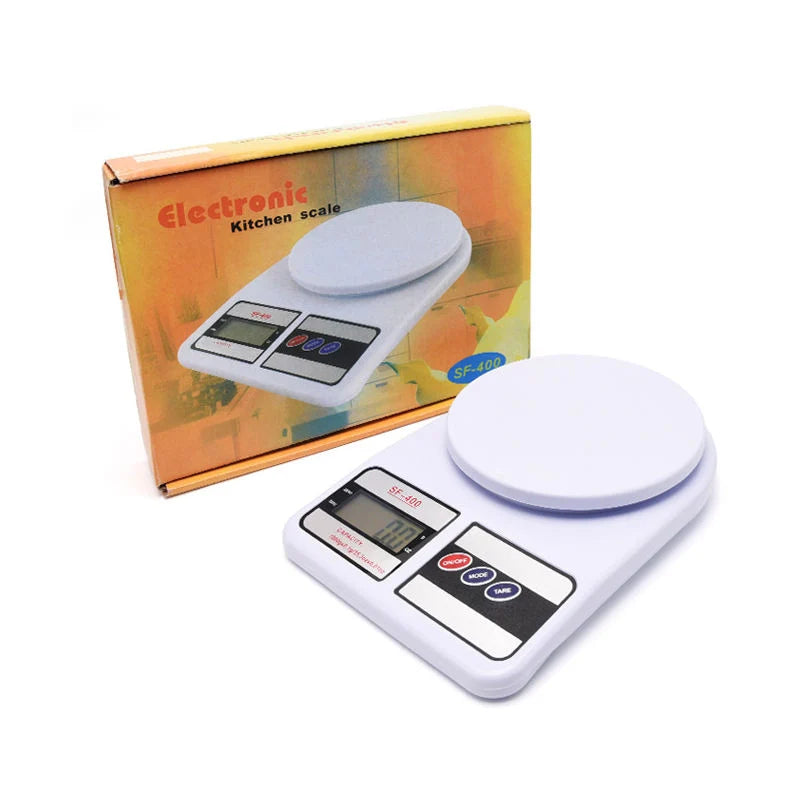 Weigh ingredients precisely with the SF-400 electronic kitchen scale. LCD display, tare function, compact design—perfect for baking & cooking.