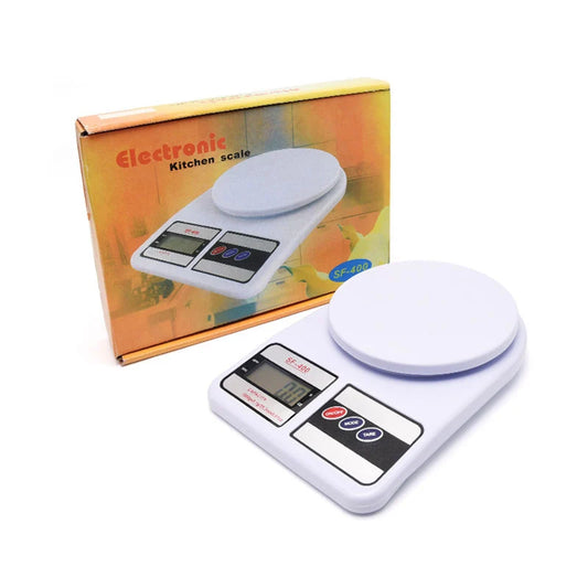 Weigh ingredients precisely with the SF-400 electronic kitchen scale. LCD display, tare function, compact design—perfect for baking & cooking.