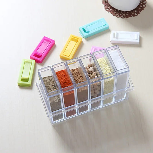 Clear Acrylic Spice Rack Organizer with 6 Jars & Handle – Kitchen Seasoning Storage Box, Countertop Condiment Container Set with Spoons