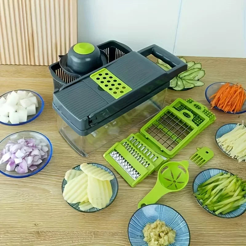 Multifunctional Vegetable Chopper 14-in-1 – Manual Food Slicer, Dicer & Cutter with Container, Interchangeable Blades, Peeler & Egg Separator