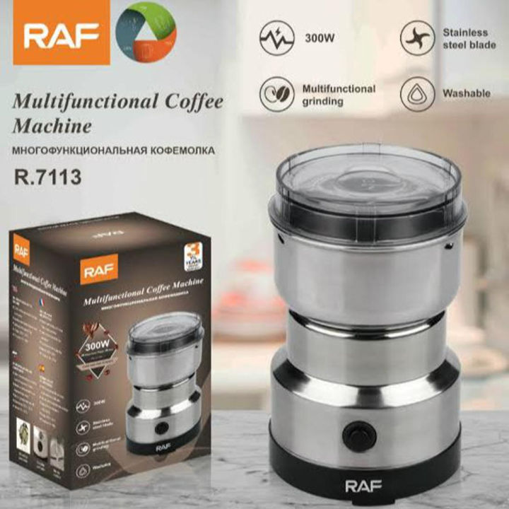 RAF 300W electric coffee grinder with stainless steel blades. Multifunctional grinding for coffee beans, spices & nuts. Washable & easy to clean