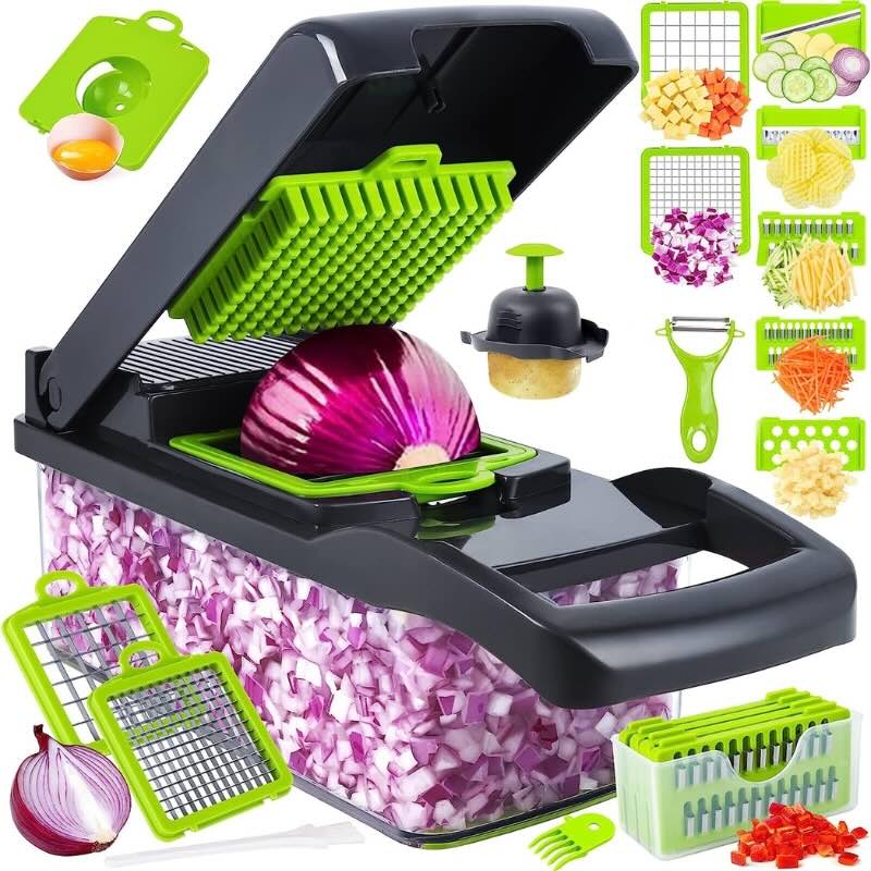 Chop, dice, slice & julienne vegetables fast with this 14-in-1 multi-blade chopper. Includes container, peeler & egg separator. Easy to clean