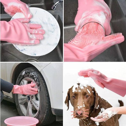 Wash dishes faster with these silicone scrubber gloves. Built-in bristles, waterproof & heat resistant—great for kitchen, bathroom & pet grooming.