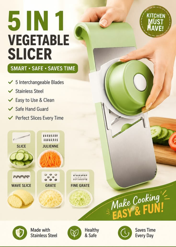 Multifunctional Mandoline Vegetable Slicer – 5-in-1 Stainless Steel Grater with Interchangeable Blades for Slicing, Julienne & Shredding