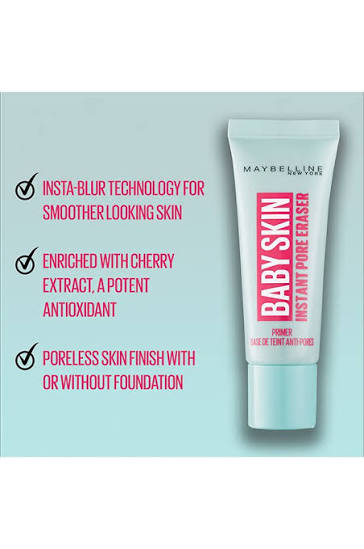 Maybelline Baby Skin Instant Pore Eraser Primer – Insta-Blur Face Primer with Cherry Extract for Poreless Finish