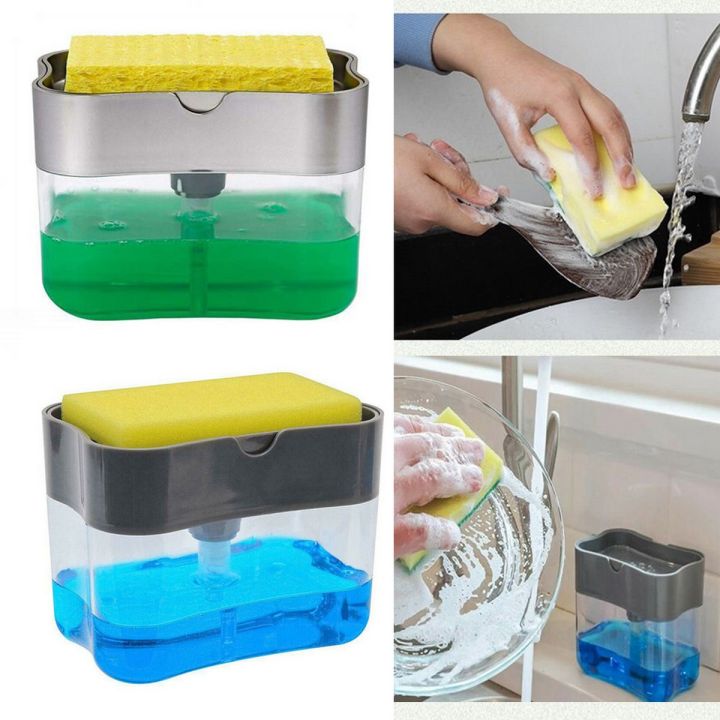 2-in-1 soap dispenser pump & sponge holder keeps your sink tidy. One-touch pump, large soap capacity, sleek countertop design