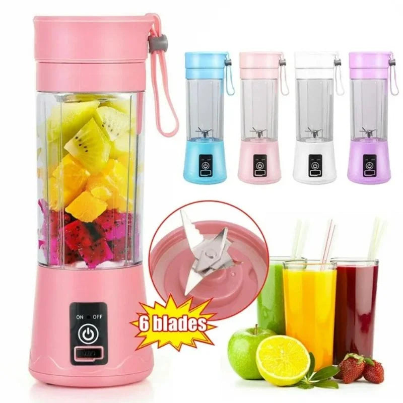 Portable Blender Bottle – USB Rechargeable Mini Juicer with 6 Blades for Smoothies & Fruit Juice | Personal Travel Blender
