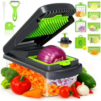 Chop, dice, slice & julienne vegetables fast with this 14-in-1 multi-blade chopper. Includes container, peeler & egg separator. Easy to clean