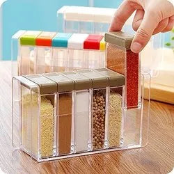 Clear Acrylic Spice Rack Organizer with 6 Jars & Handle – Kitchen Seasoning Storage Box, Countertop Condiment Container Set with Spoons