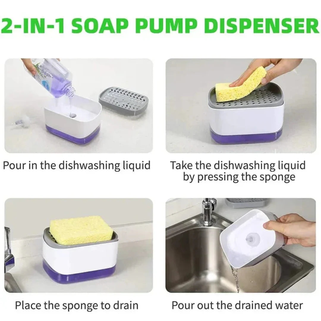 2-in-1 soap dispenser pump & sponge holder keeps your sink tidy. One-touch pump, large soap capacity, sleek countertop design