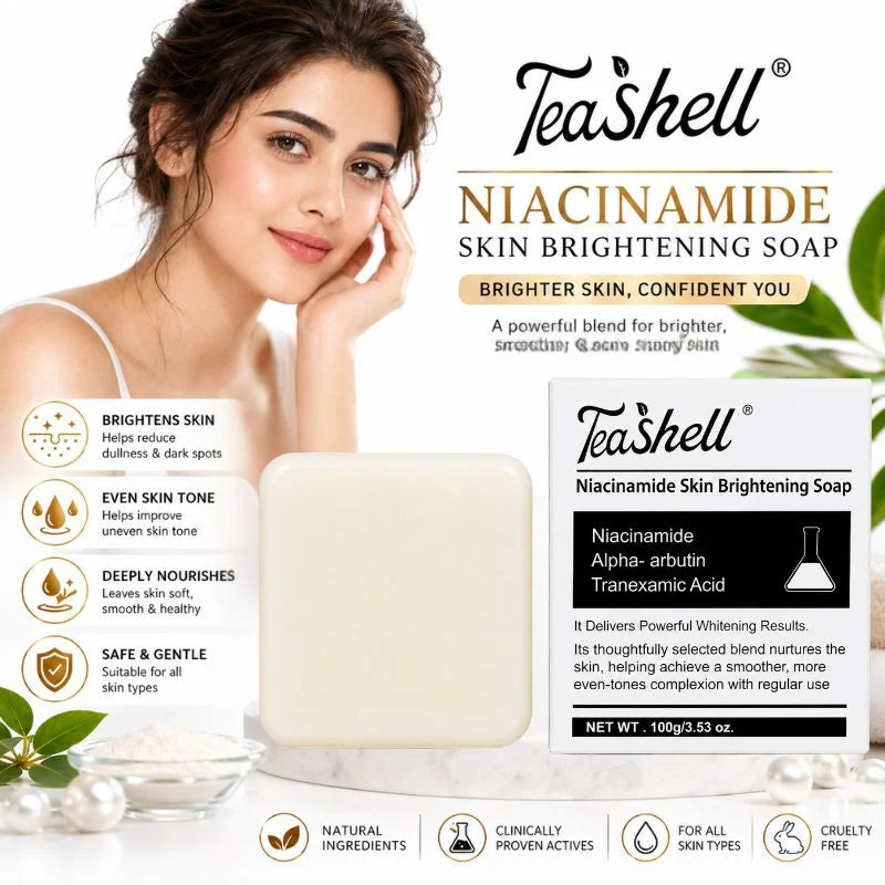 TeaShell Niacinamide Skin Brightening Soap with Alpha-Arbutin & Tranexamic Acid delivers powerful whitening for smoother, even-toned skin. 100g.