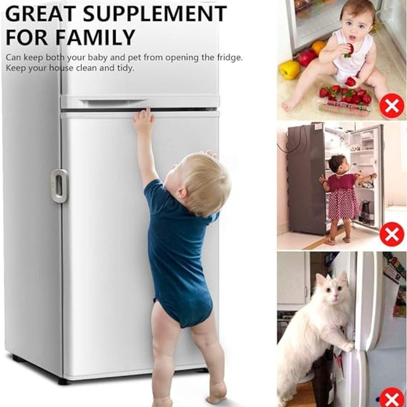 Keep kids safe with this easy-install child safety lock for refrigerators, cabinets & freezers. No drilling needed, strong adhesive, secure latch.