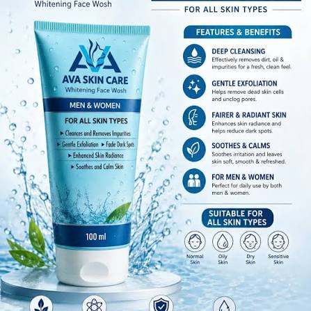 AVA Skin Care Whitening Face Wash – Deep Cleansing Face Wash for Men & Women, Fades Dark Spots & Enhances Radiance | 100ml