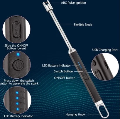 USB Rechargeable Electric Lighter – Flameless Arc Lighter with Flexible Neck for Candles, Gas Stoves & Outdoors | Windproof Lighter