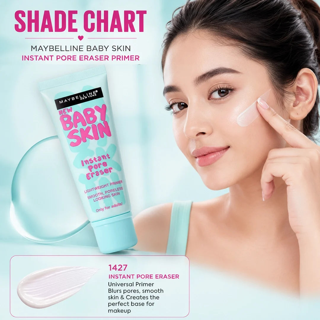 Maybelline Baby Skin Instant Pore Eraser Primer – Insta-Blur Face Primer with Cherry Extract for Poreless Finish