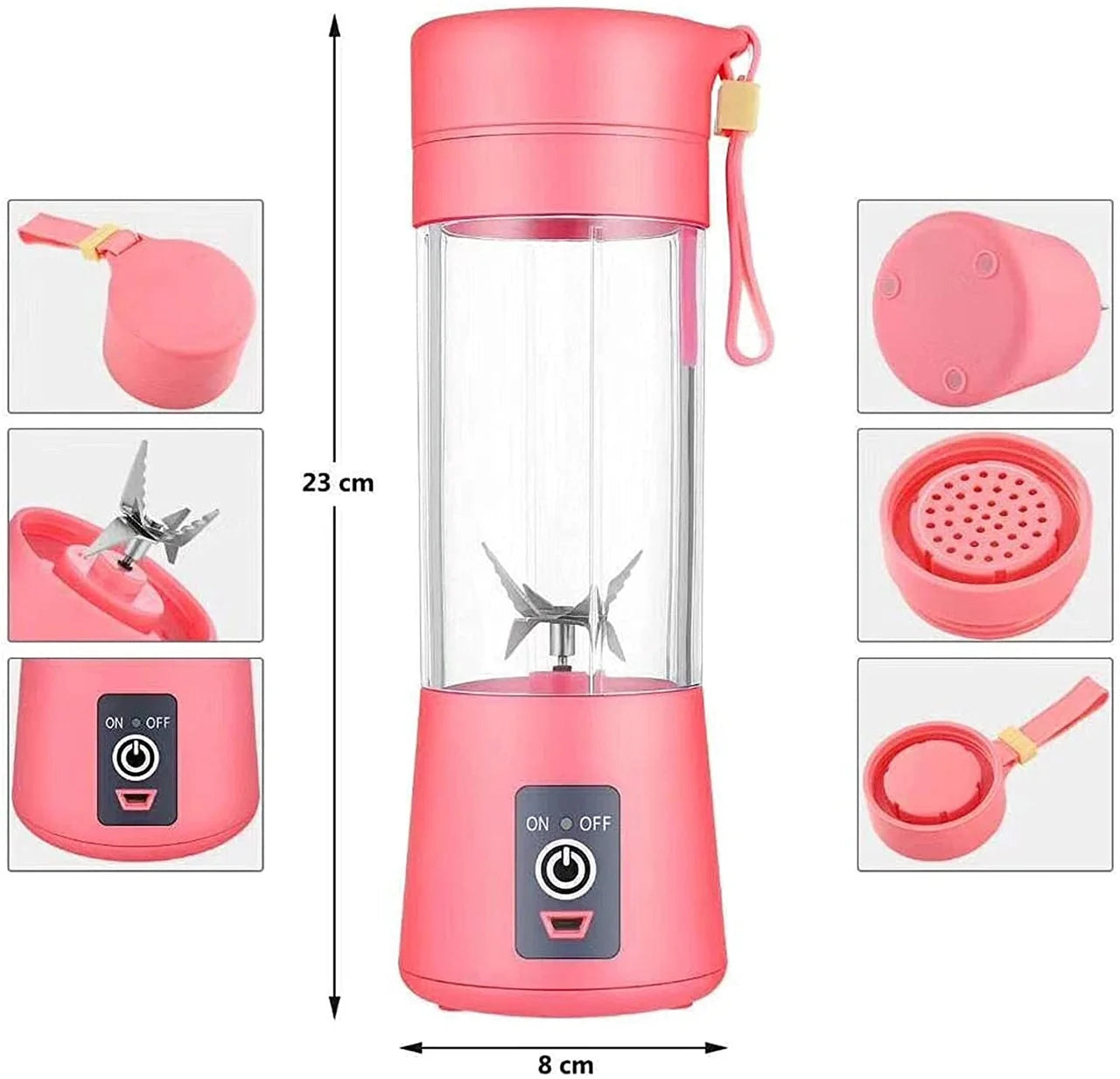 Portable Blender Bottle – USB Rechargeable Mini Juicer with 6 Blades for Smoothies & Fruit Juice | Personal Travel Blender