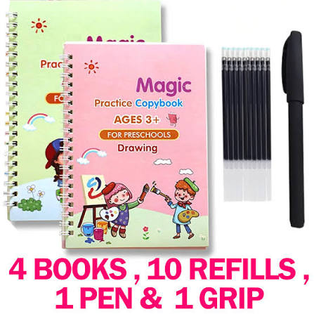 Reusable Magic Practice Workbook for Kids | 4 Books with Pen, Grip & 10 Refills
