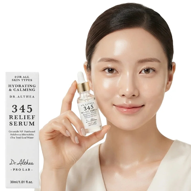 Dr. Althea 345 Relief Serum hydrates & calms skin with ceramide, panthenol & tea tree leaf water. Gentle formula for all skin types, 30ml