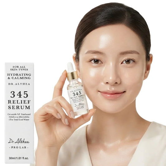 Dr. Althea 345 Relief Serum hydrates & calms skin with ceramide, panthenol & tea tree leaf water. Gentle formula for all skin types, 30ml