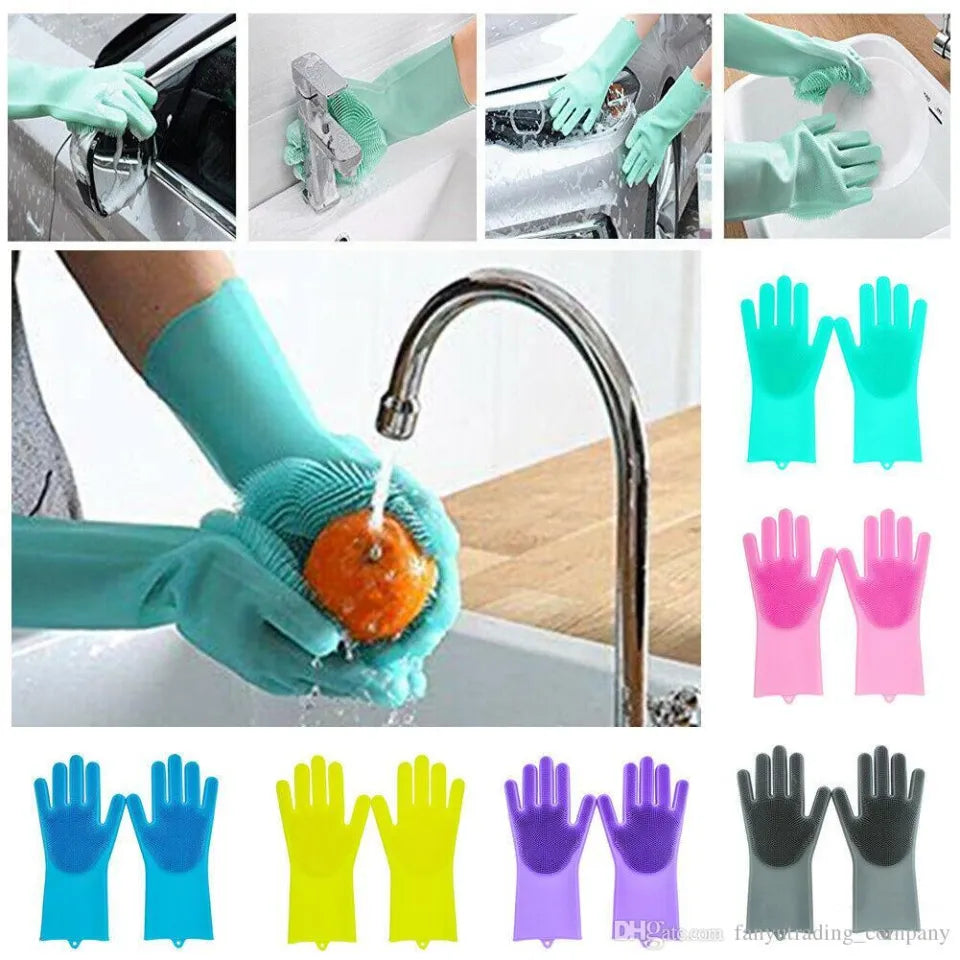 Wash dishes faster with these silicone scrubber gloves. Built-in bristles, waterproof & heat resistant—great for kitchen, bathroom & pet grooming.
