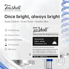 TeaShell Niacinamide Skin Brightening Soap with Alpha-Arbutin & Tranexamic Acid delivers powerful whitening for smoother, even-toned skin. 100g.