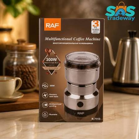 RAF 300W electric coffee grinder with stainless steel blades. Multifunctional grinding for coffee beans, spices & nuts. Washable & easy to clean