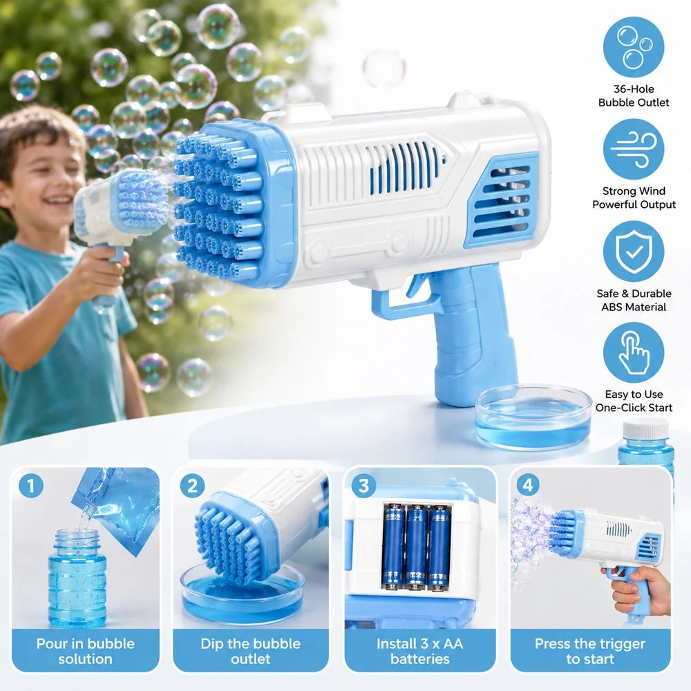 Automatic Bubble Gun for Kids | 36-Hole Bubble Blaster with Powerful Wind & LED Fun