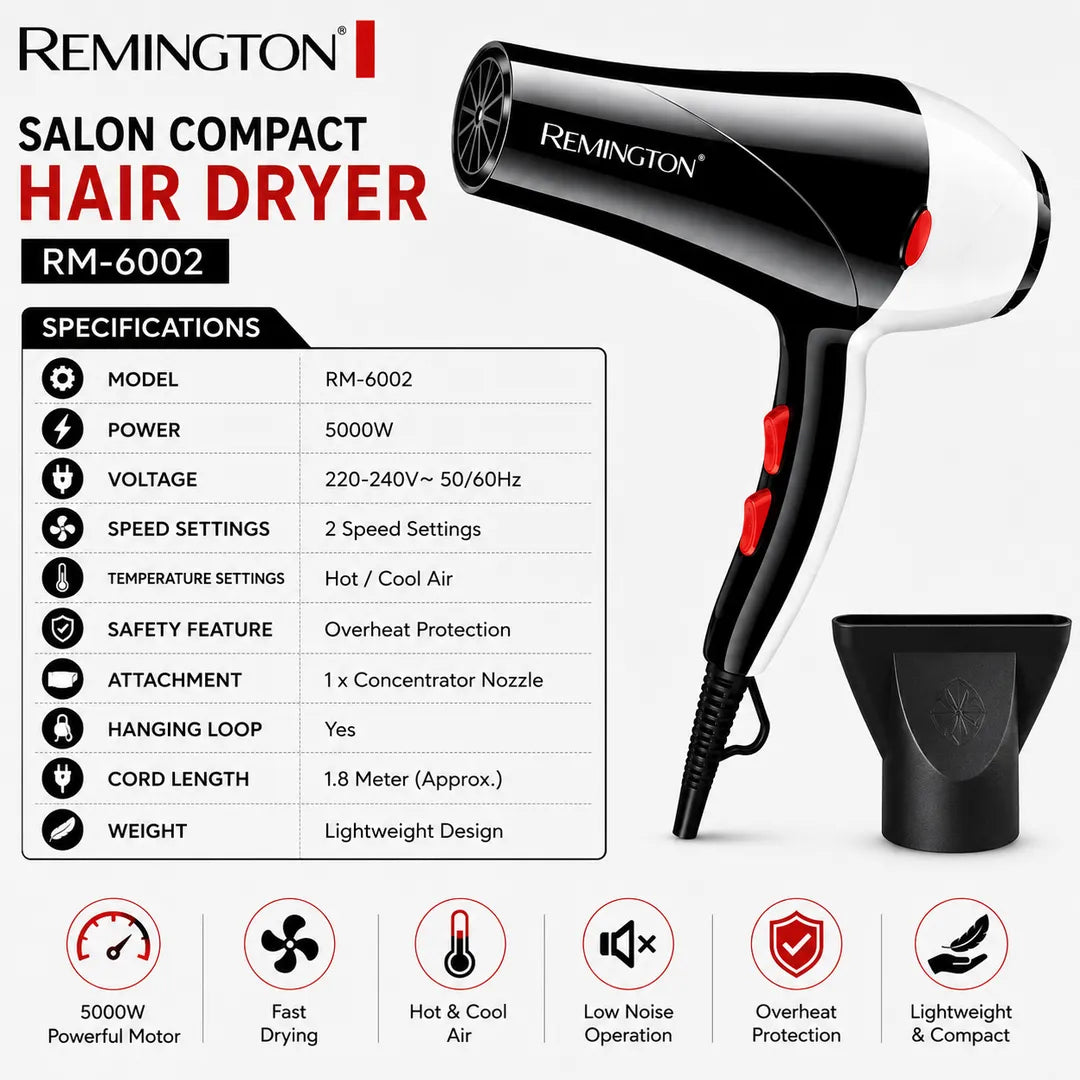 Remington RM-6002 Salon Compact Hair Dryer – Powerful Professional Hair Dryer with Concentrator Nozzle | Delux Series