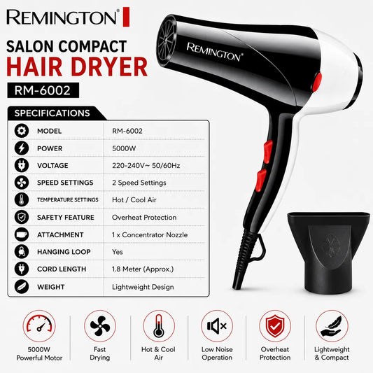 Remington RM-6002 Salon Compact Hair Dryer – Powerful Professional Hair Dryer with Concentrator Nozzle | Delux Series