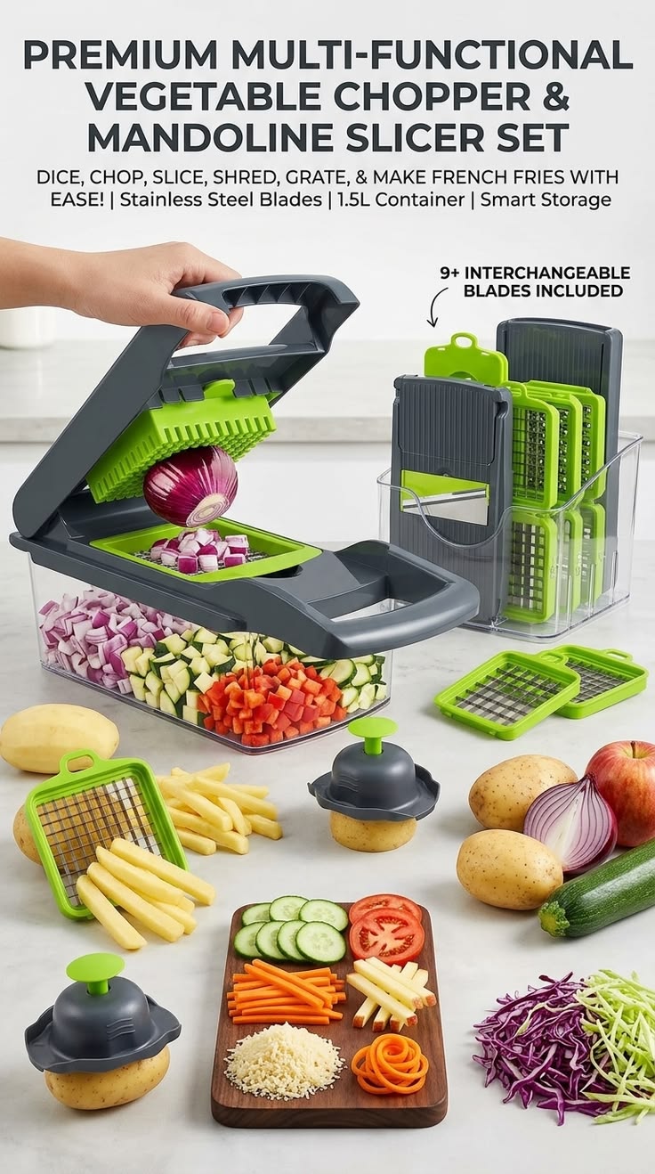 Chop, dice, slice & julienne vegetables fast with this 14-in-1 multi-blade chopper. Includes container, peeler & egg separator. Easy to clean
