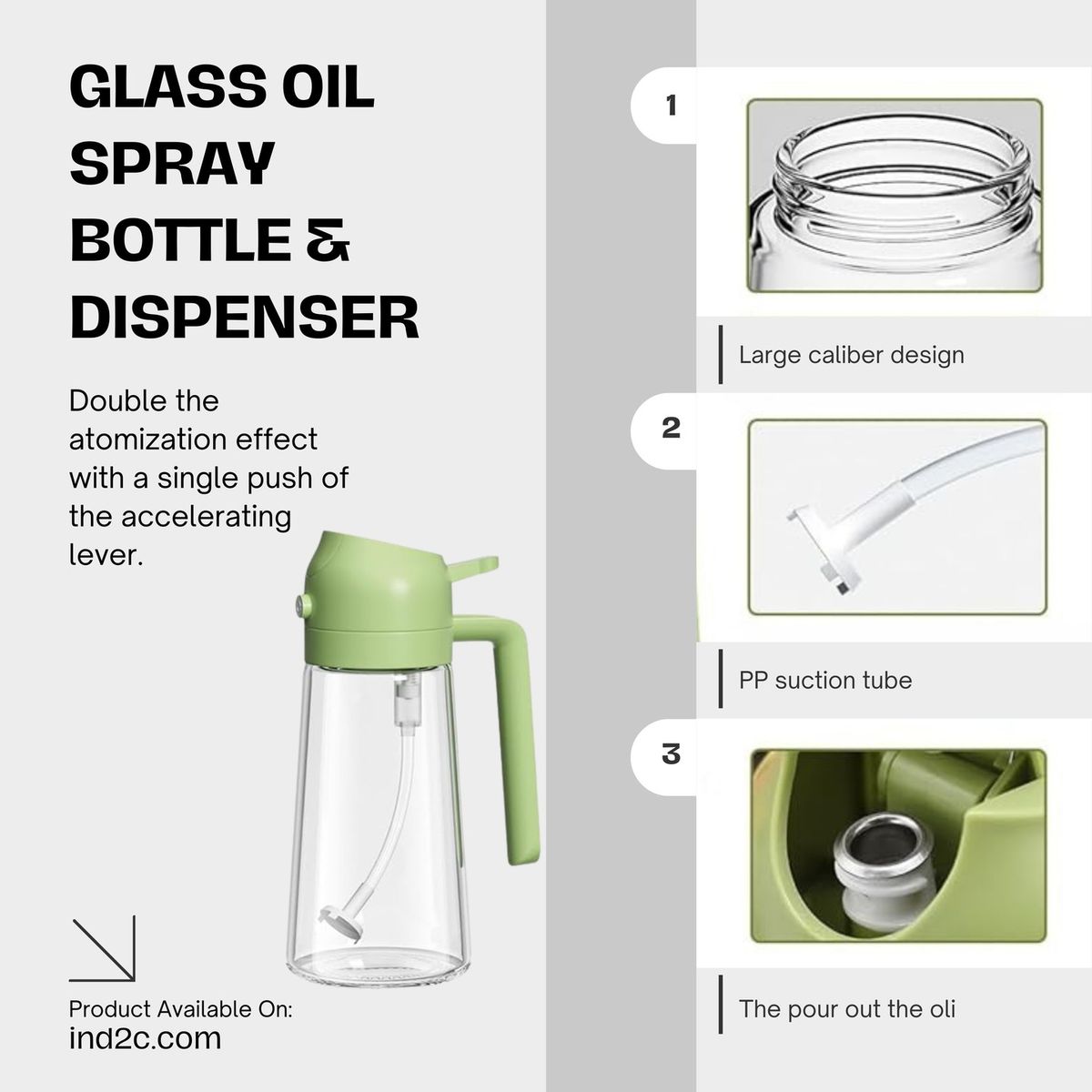 2-in-1 oil sprayer & dispenser bottle for cooking, BBQ, salads & air fryer. Switch between pour and spray modes with one easy-press button.
