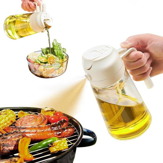 2-in-1 oil sprayer & dispenser bottle for cooking, BBQ, salads & air fryer. Switch between pour and spray modes with one easy-press button.