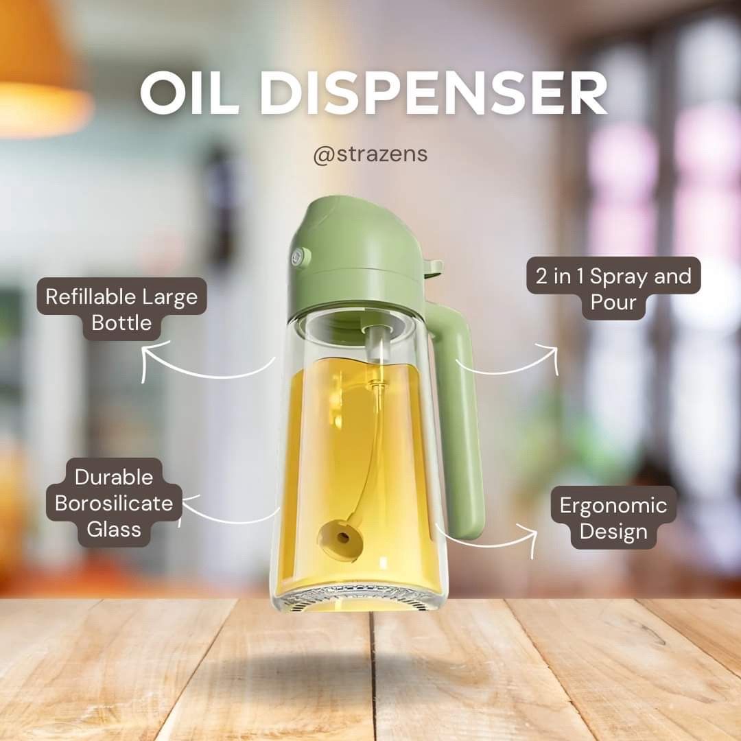 2-in-1 oil sprayer & dispenser bottle for cooking, BBQ, salads & air fryer. Switch between pour and spray modes with one easy-press button.